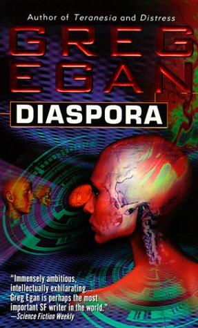 Cover of the Millennium/Gollancz paperback edition of Diaspora by Greg Egan, an abstract digital pattern in blue and gold suggesting a fractured cityscape