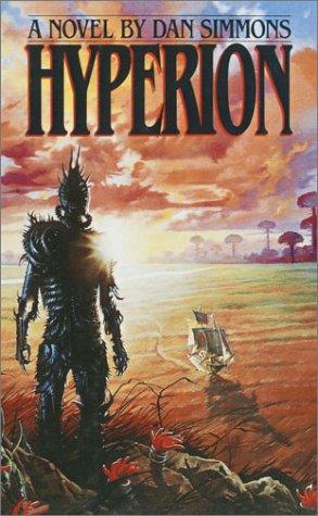 Cover of the Doubleday hardcover edition of Hyperion by Dan Simmons, showing a lone armored figure silhouetted against a burning orange sky over a windswept plain