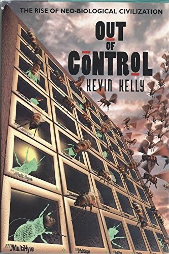 Cover of the Addison-Wesley paperback edition of Out of Control by Kevin Kelly, a swarm-pattern illustration of interconnected nodes on a white field