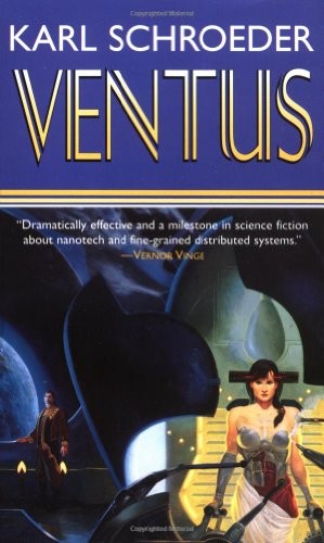 Cover of the Tor paperback edition of Ventus by Karl Schroeder, a stylized wind-swept planetary landscape rendered in cool blues and greens