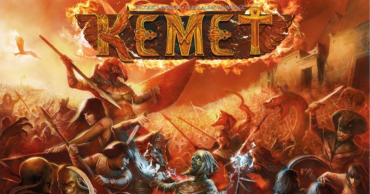 Box art for Kemet by Matagot, showing armored Egyptian-inspired warriors and a monstrous creature clashing beneath a pyramid
