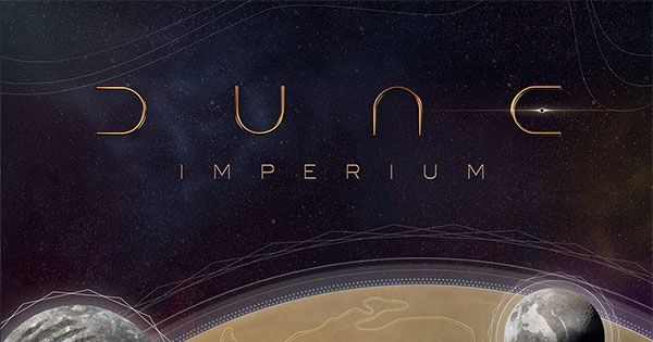 Box art for Dune: Imperium by Dire Wolf, showing House sigils and a stylized sandworm rising over the desert planet Arrakis