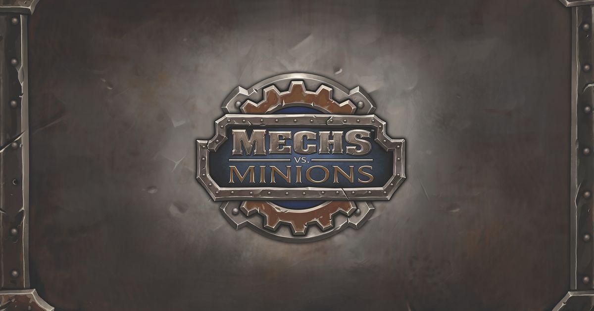 Box art for Mechs vs. Minions by Riot Games, showing an ornate steampunk gear-and-rivet emblem framing the game's logo