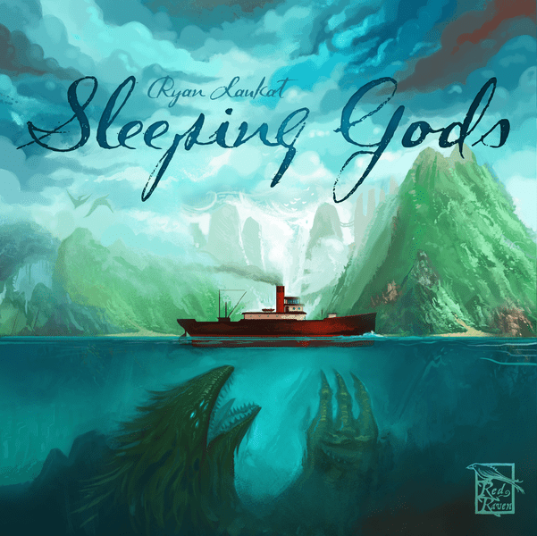 Box art for Sleeping Gods by Red Raven Games, showing a steamship crew exploring a fantastical archipelago beneath a starry sky