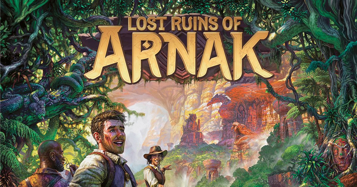 Box art for Lost Ruins of Arnak by Czech Games Edition, showing an explorer approaching an overgrown ancient temple on a jungle island