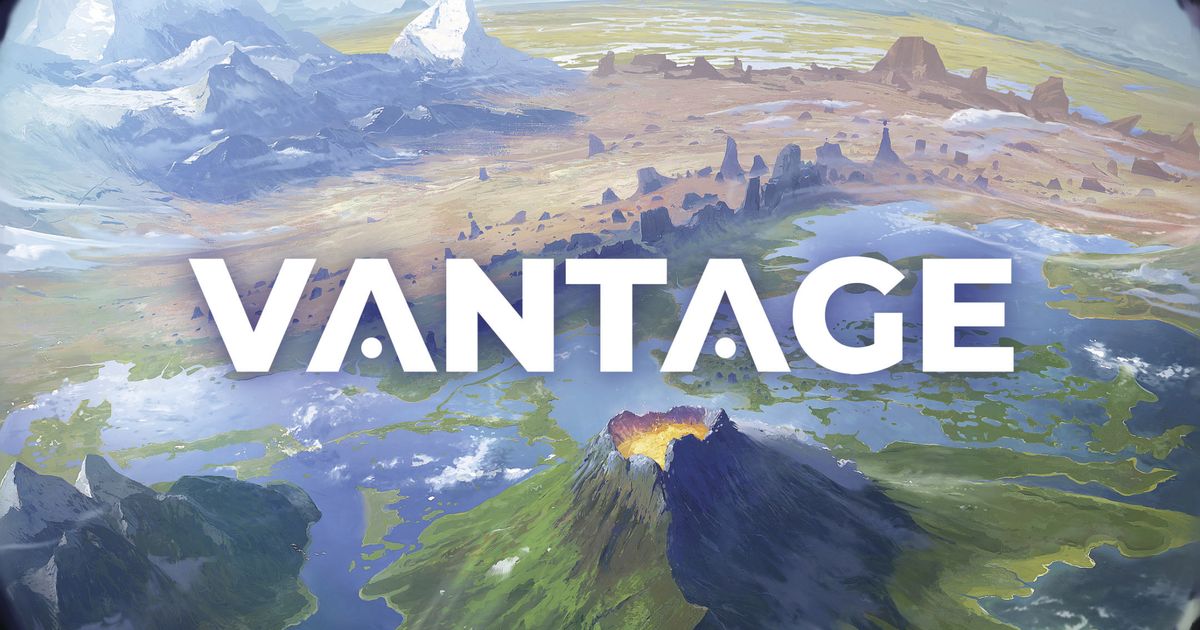Box art for Vantage by Stonemaier Games, showing a distant explorer figure against a vast alien planetary landscape rendered in warm oranges and blues