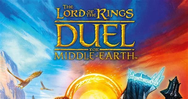 Box art for The Lord of the Rings: Duel for Middle-earth, showing the silhouettes of Frodo and a Ringwraith facing off across a map of Middle-earth